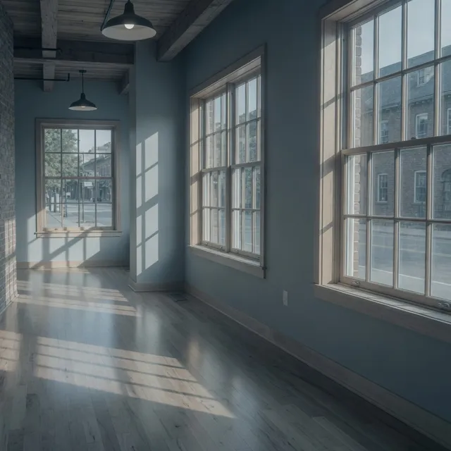 Empty mill-town office corridor with a wall phone in Andover
