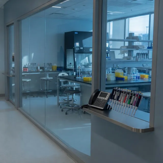 Empty wet-lab bench with a handset for life sciences teams in Fenway