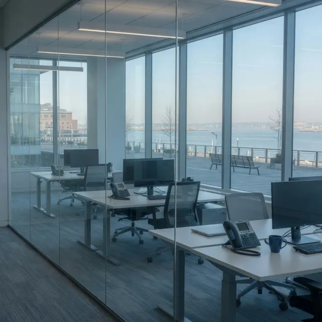 Empty Seaport office desks with IP phones for Boston businesses