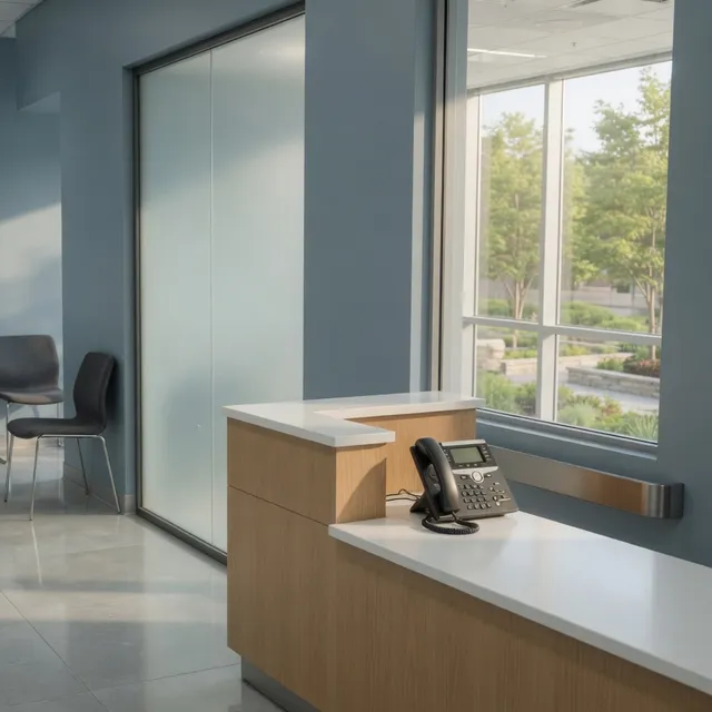 Empty Cambridge dental reception with a HIPAA-ready front-desk phone
