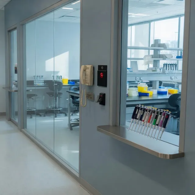Kendall Square lab corridor with a wall handset for Cambridge biotech offices