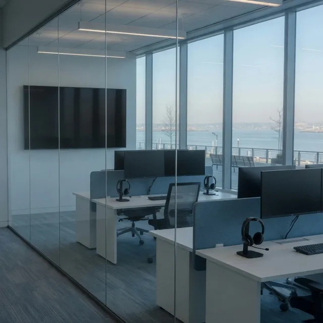Empty Seaport agent bay with headset stands for Boston contact centers