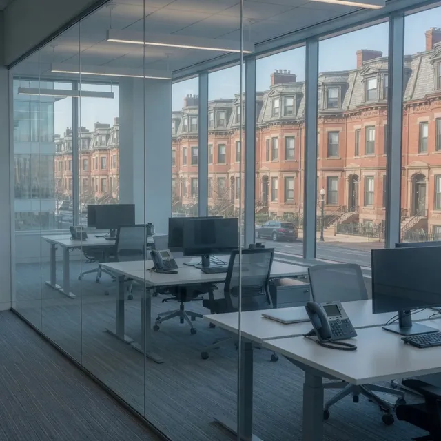 Row of hosted desk phones for Cloud PBX rollouts in Back Bay offices