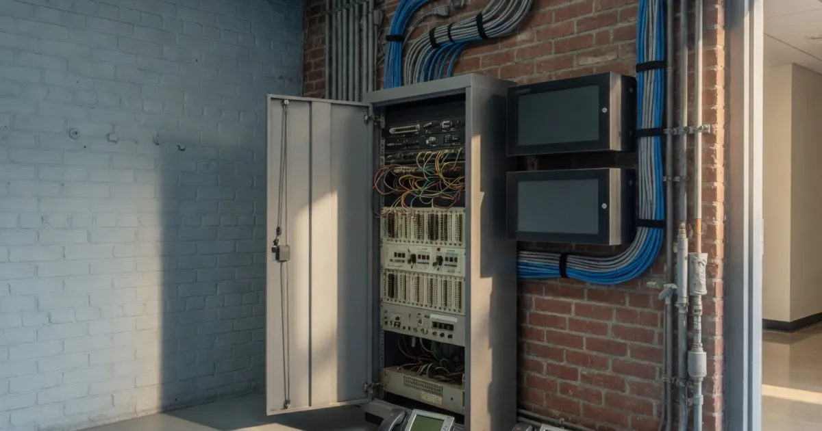 Blog card of Boston desk phones beside an open IDF with a legacy PBX