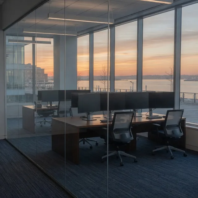 Empty trading desk with a turret phone for financial firms in downtown Boston