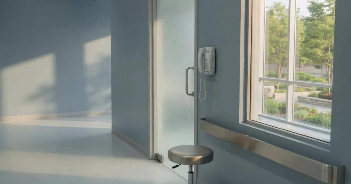 Empty exam room with a wall phone for HIPAA-ready VoIP in Boston healthcare