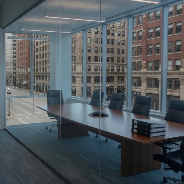 Conference speakerphone on a walnut table for law firms in Downtown Crossing