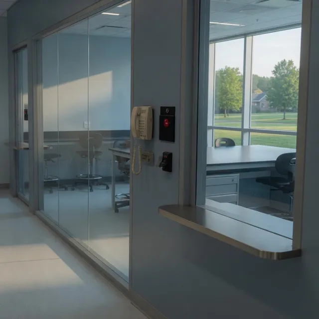 Lab-adjacent office corridor with a wall phone in Lexington