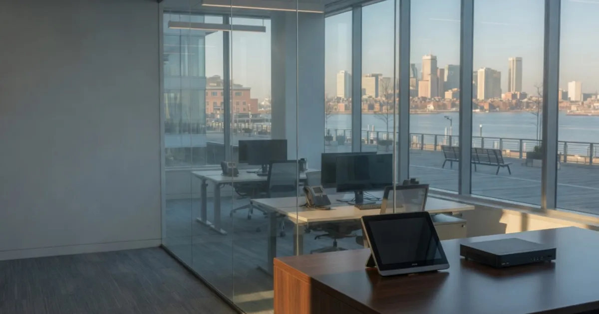 Touchscreen desk phone beside a small SBC for Teams Direct Routing in Boston