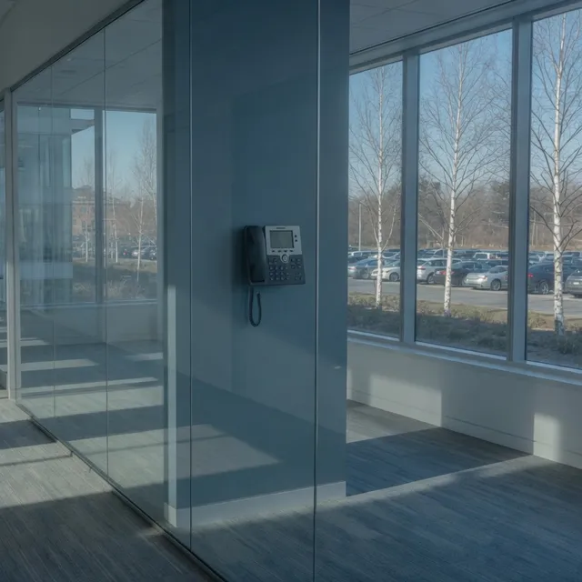 Empty 128 office-park corridor with a wall phone in Needham