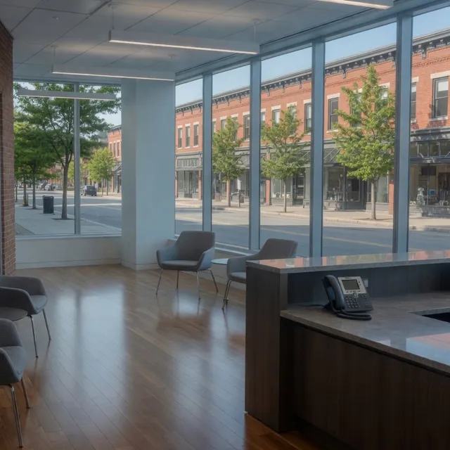 Empty Newton Centre reception desk with a multi-line office phone