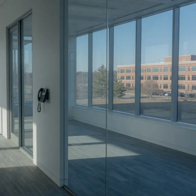 Empty North Shore office-park corridor with a wall phone in Peabody