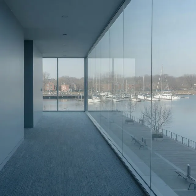 South Shore office corridor with marina light and a wall phone in Quincy