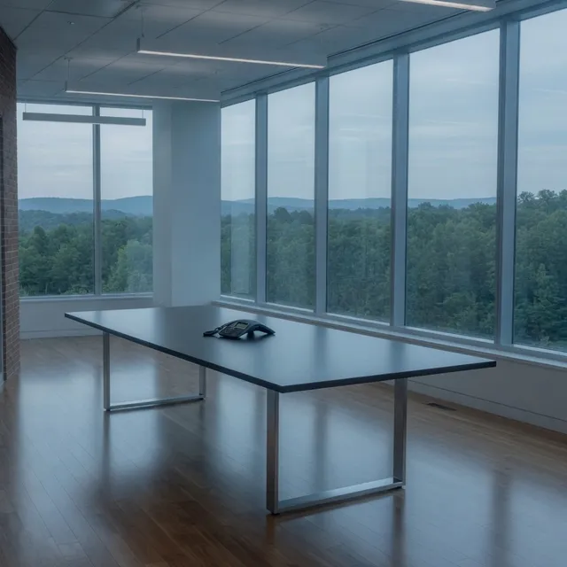 Empty Andover conference room with a speakerphone covering Greater Boston