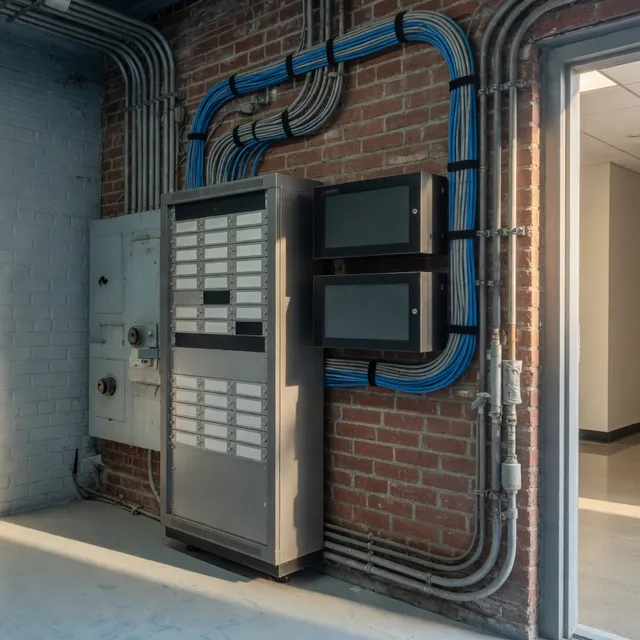 Legacy PBX chassis beside SIP gateways in a Boston office IDF closet