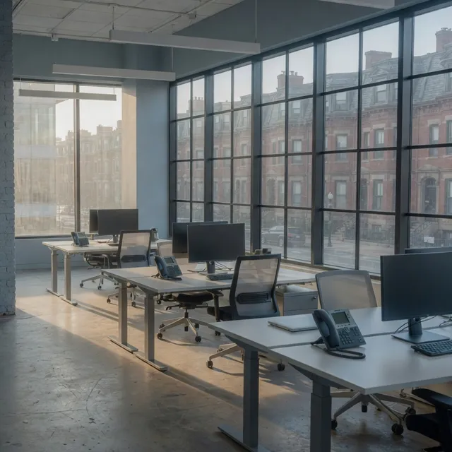 Empty Union Square loft desks with IP phones in Somerville