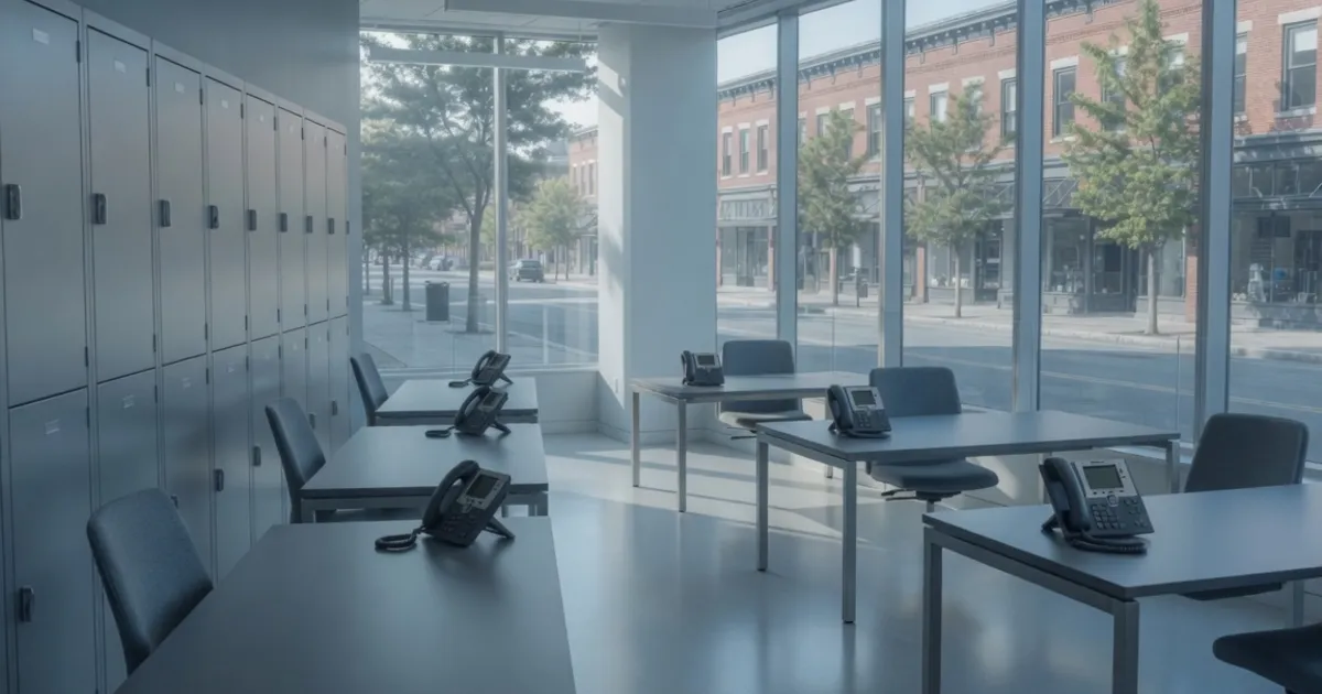 Blog card of empty Boston hot-desks with IP phones for hybrid UCaaS