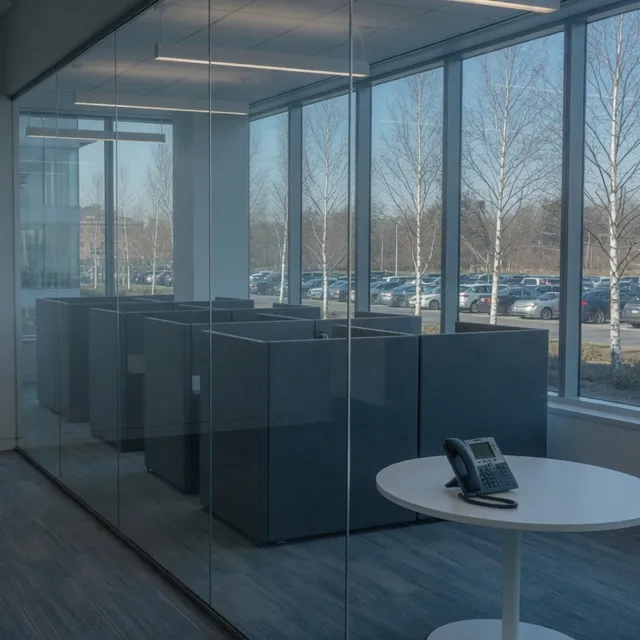 Empty Route 128 office floor with a conference phone in Waltham