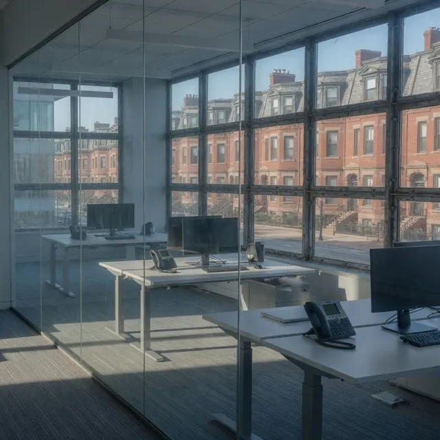 Empty arsenal-adjacent office floor with IP phones in Watertown