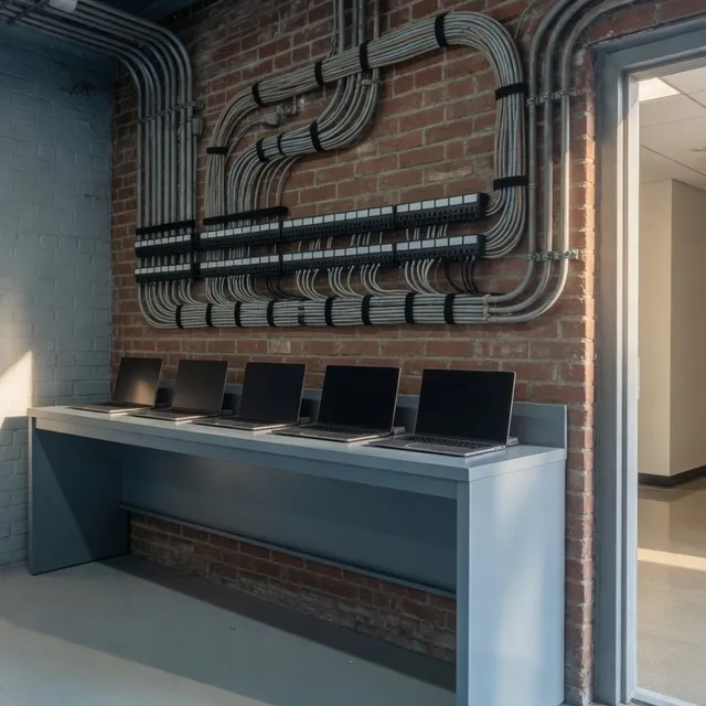 Empty IT bench with docked laptops for zero-trust device management in Boston